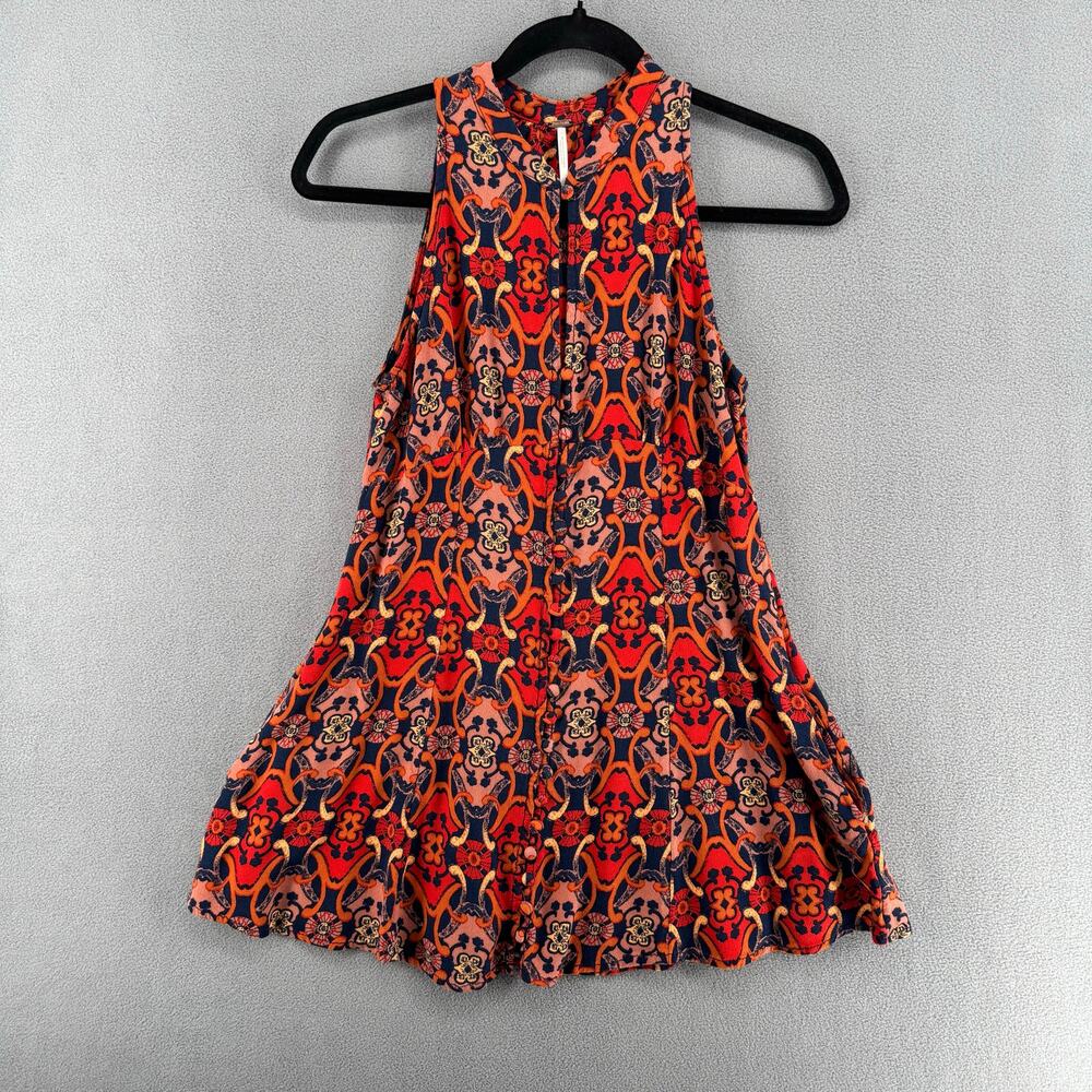 Free People Get Together Boho Print Mini Dress Tunic Womens 6 Red Sleeveless‎